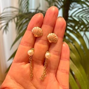 Marshalls Gold/pink seashell Shell and Pearl Chain Drop Earrings set